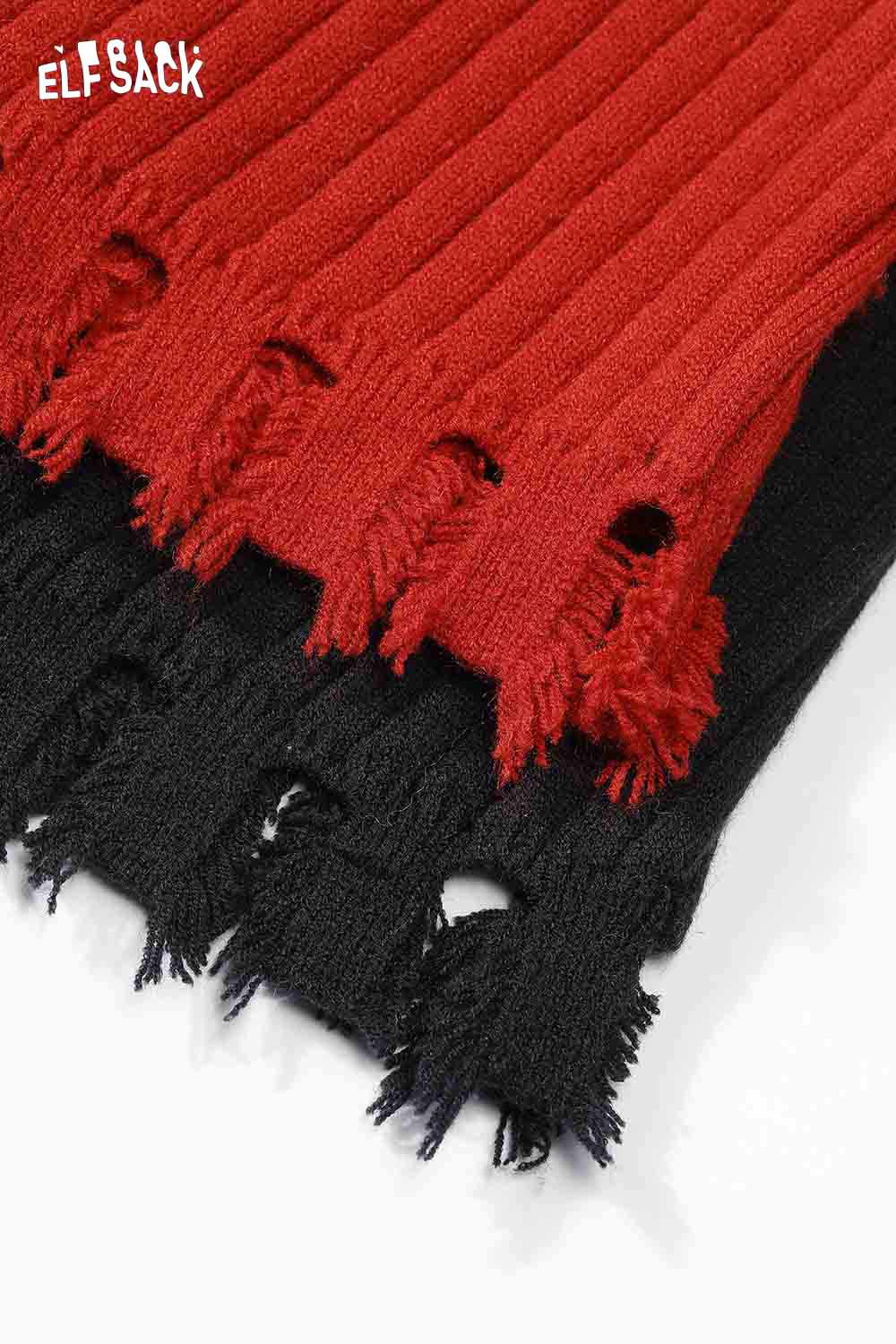 Three colors of ELFSACK slim fit heart logo knit sweater with frayed edges in red and black