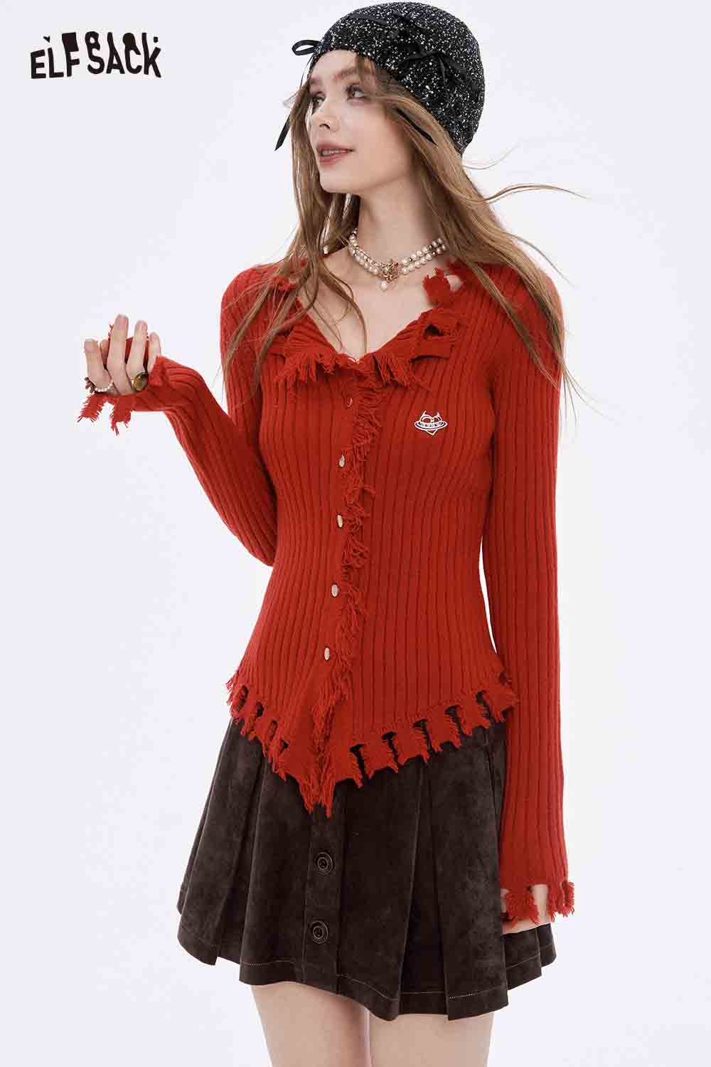 ELFSACK slim fit heart logo knit sweater in red with frayed edges and button detail