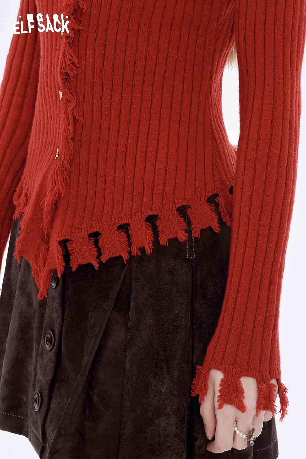 ELFSACK slim fit heart logo knit sweater in red with frayed hem and long sleeves