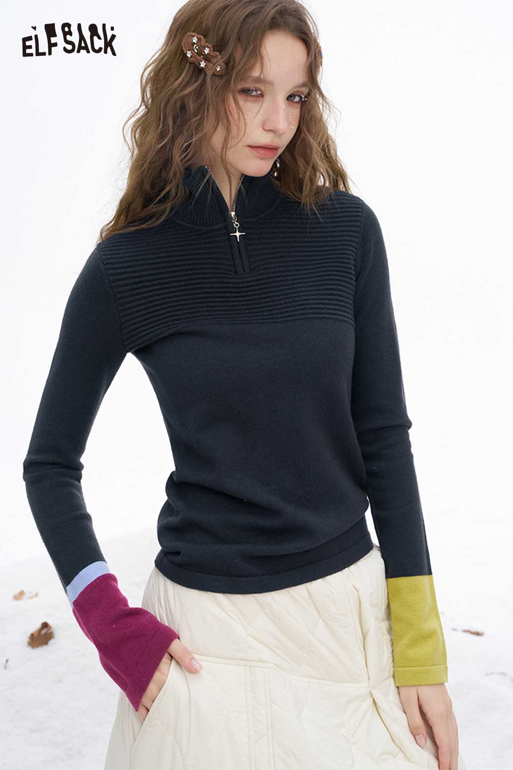 ELFSACK soft contrast sleeve knitwear in dark color with stylish ribbed design and colorful sleeves