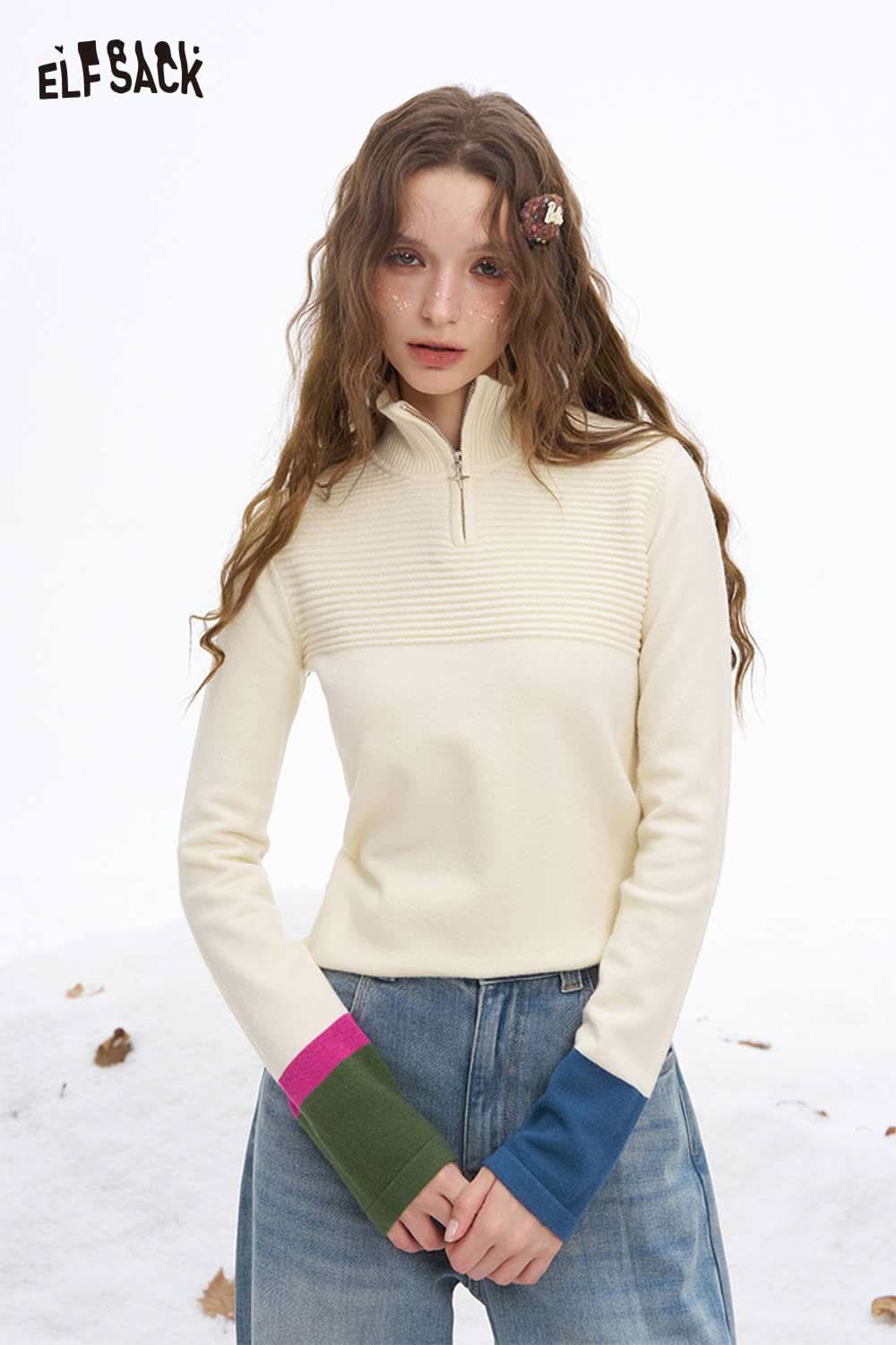 ELFSACK soft contrast sleeve knitwear in cream with vibrant color-blocked sleeves and zip-up collar