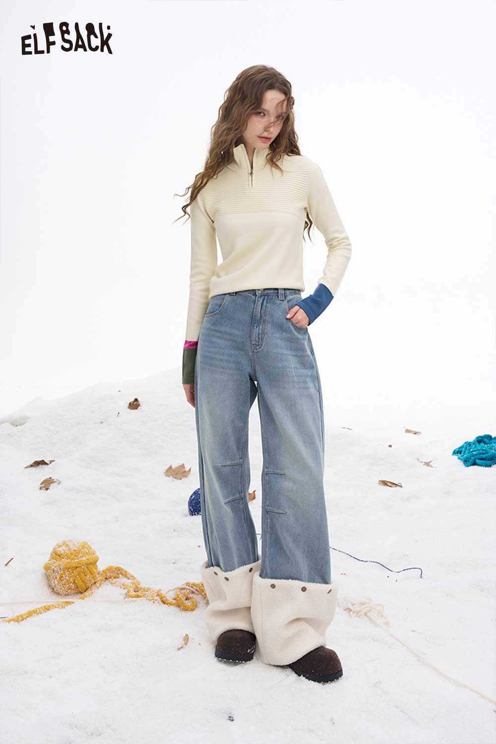 ELFSACK soft contrast sleeve knitwear in cream and blue with stylish zip collar, perfect for casual outfits