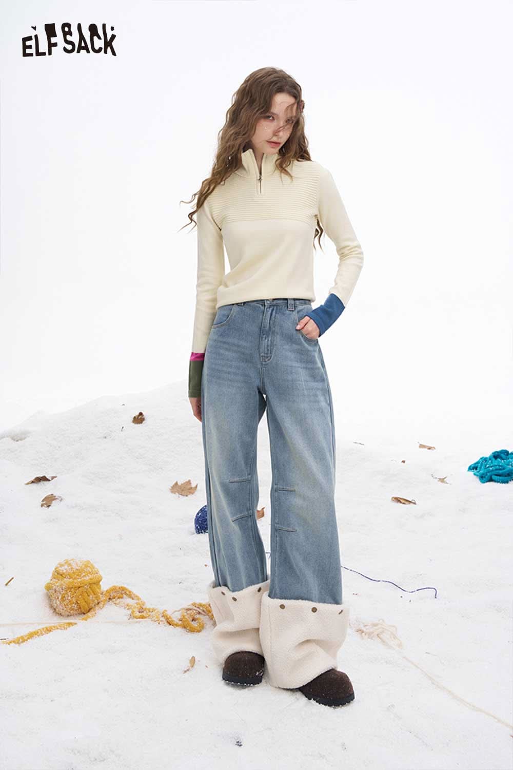 ELFSACK soft contrast sleeve knitwear in cream and blue with stylish zip collar, perfect for casual outfits