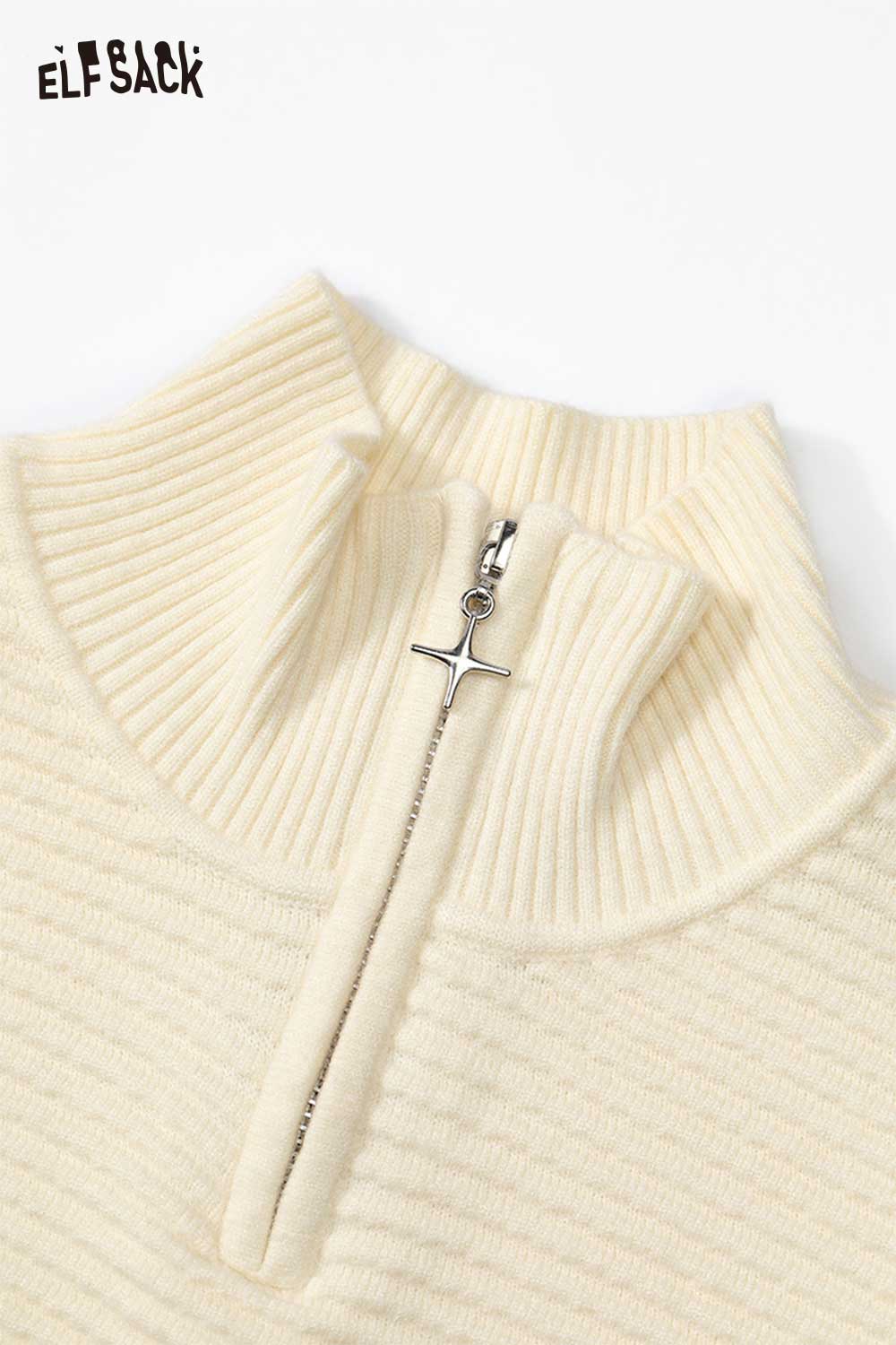ELFSACK soft contrast sleeve knitwear with a stylish zip collar in a cream color