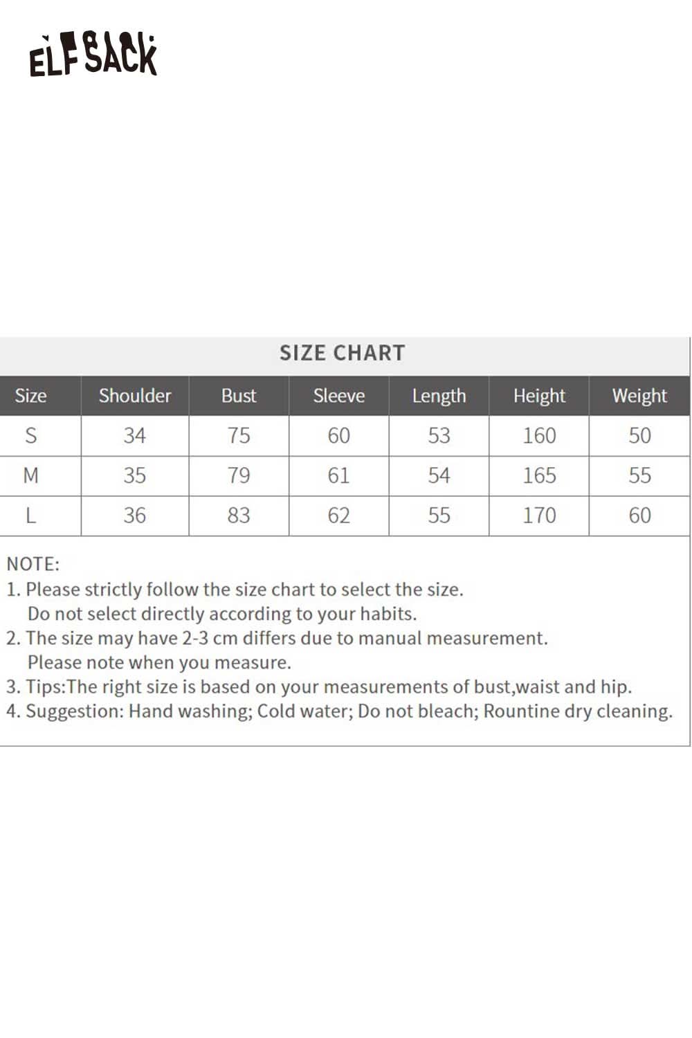 ELFSACK soft contrast sleeve knitwear size chart detailing measurements for S, M, and L.