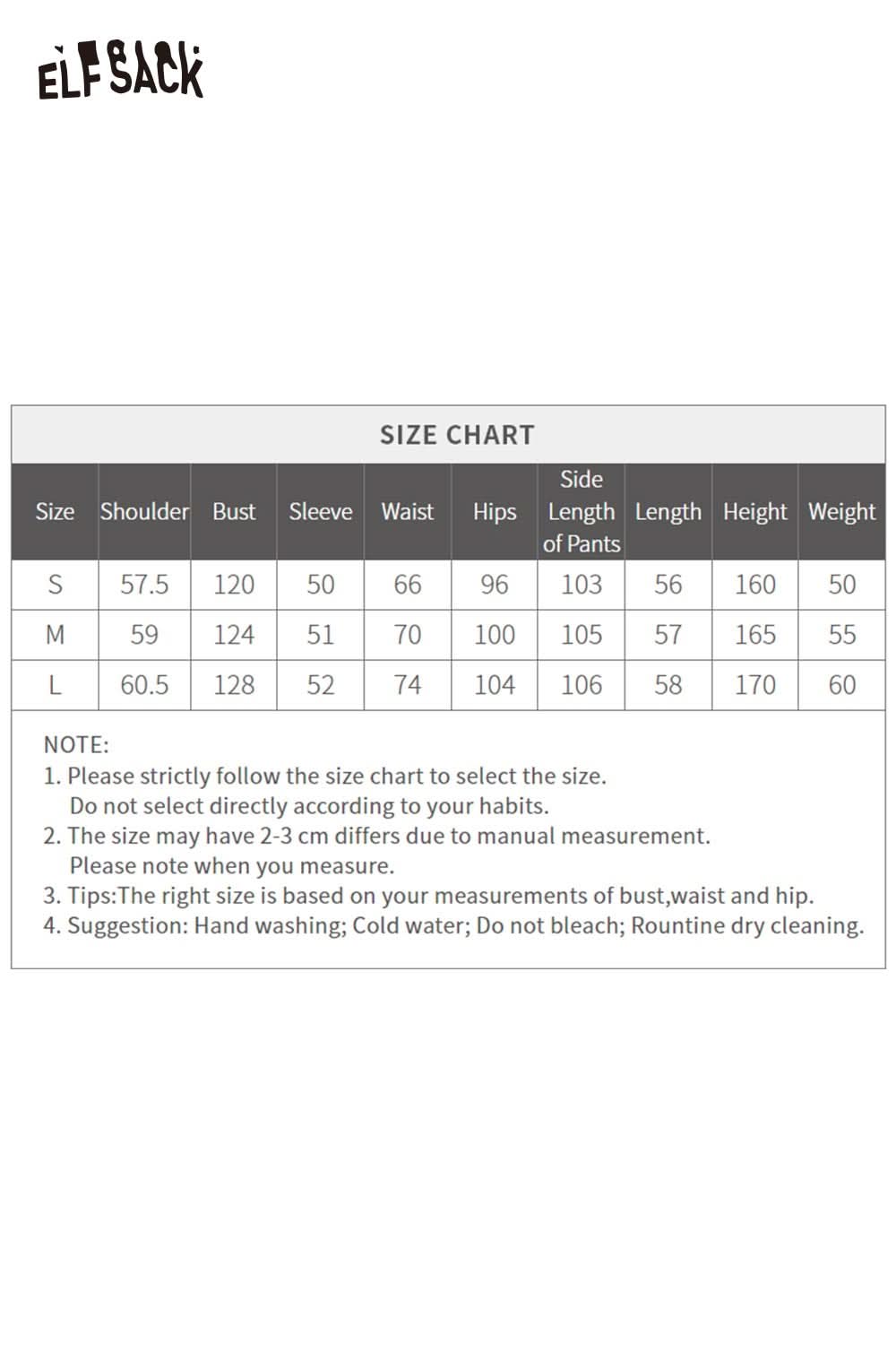 ELFSACK women's plaid panel two-piece set size chart for accurate fitting and measurement guidance