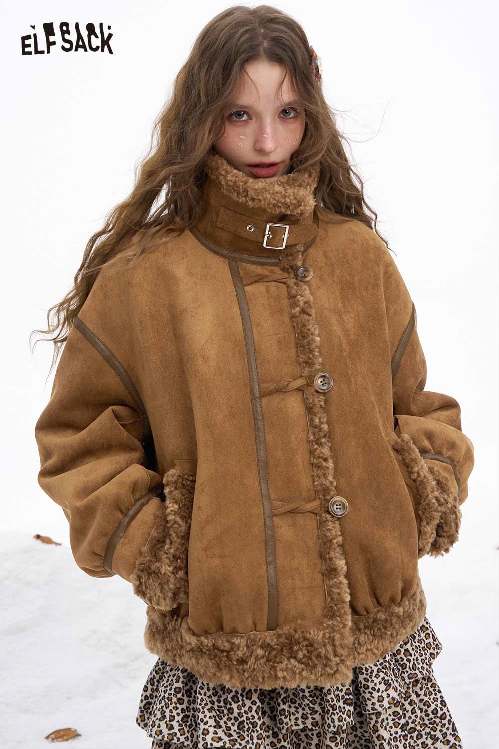 ELFSACK women's plush wool blend coat in brown with front buttons and fuzzy trim for stylish warmth