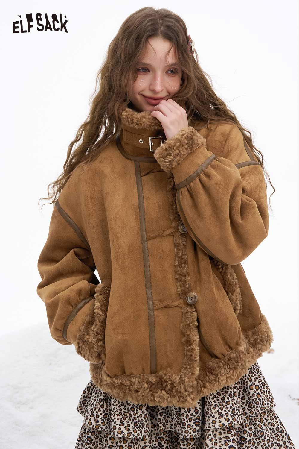 ELFSACK women's plush wool blend coat in brown, featuring a cozy design and fluffy trim for warmth.