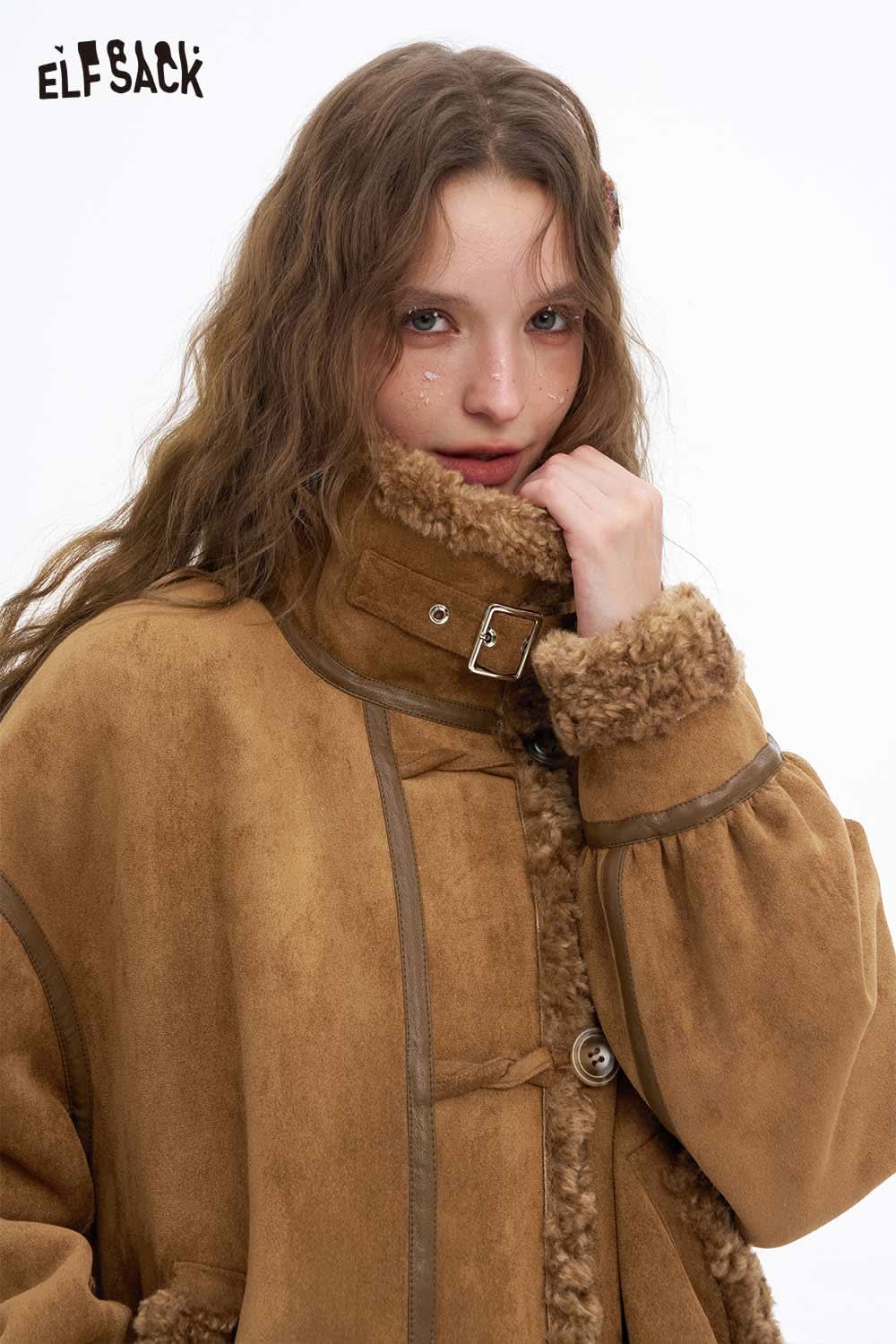 ELFSACK women's plush wool blend coat in tan with soft texture and stylish design