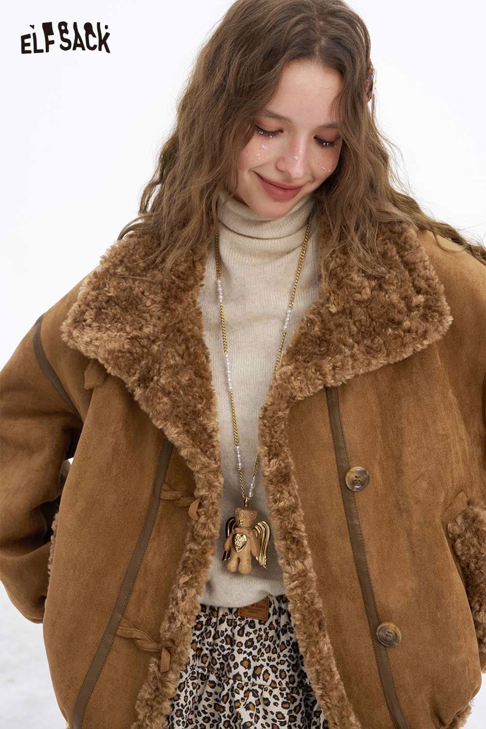 ELFSACK women's plush wool blend coat in brown with a cozy oversized design and fur collar