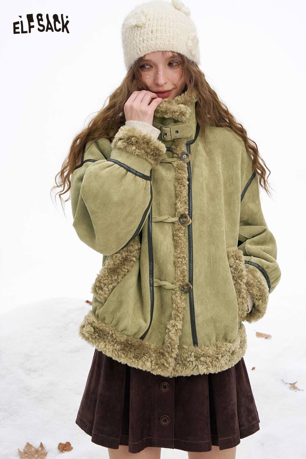 ELFSACK women's plush wool blend coat in green with fur trim, perfect for winter warmth and style.