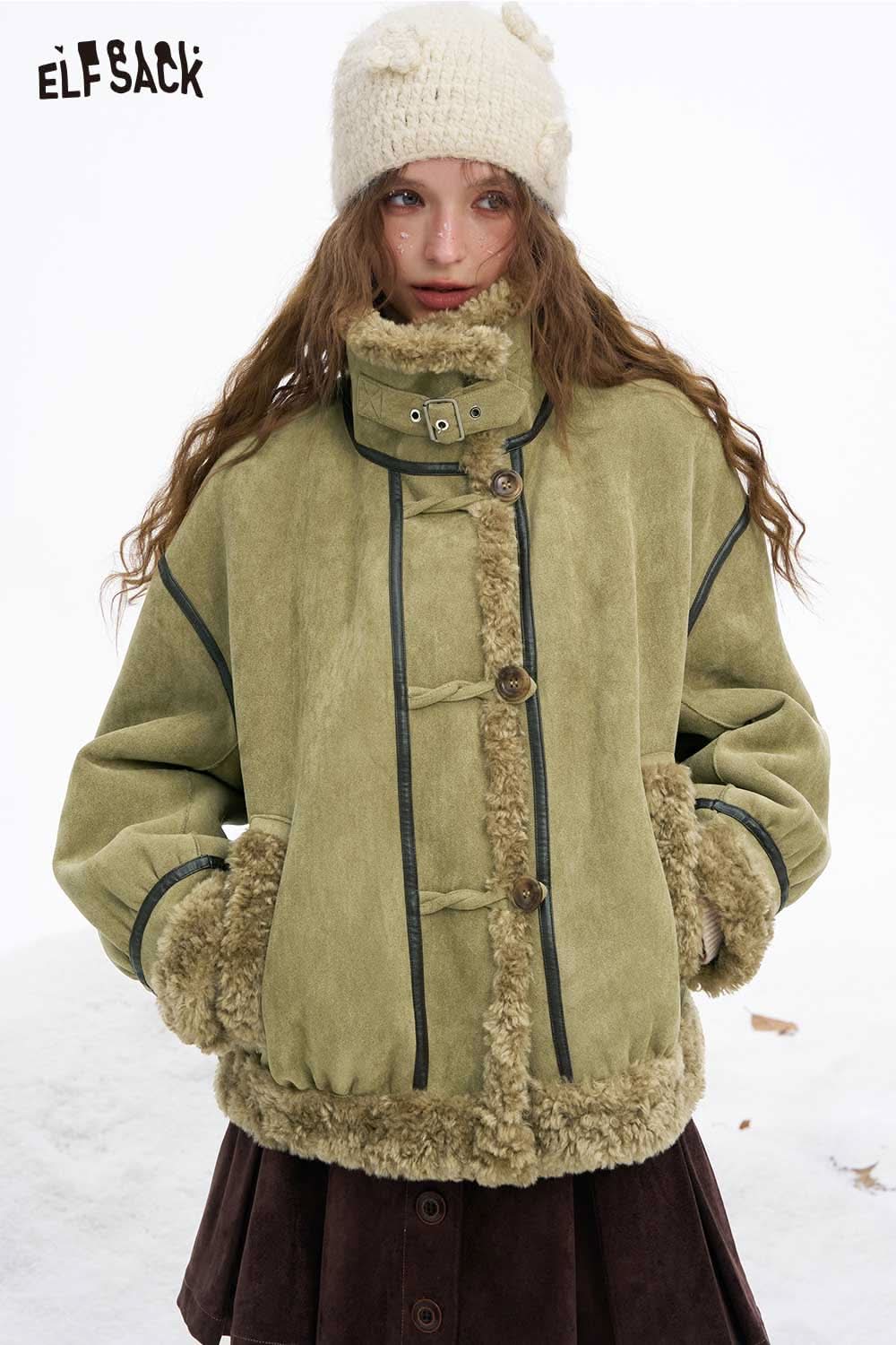 ELFSACK women's plush wool blend coat in green with a stylish fur-lined collar and buttons
