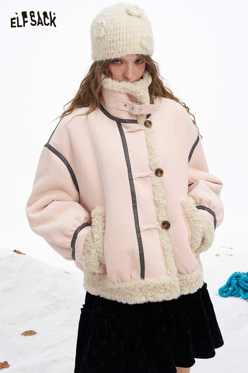 ELFSACK women's plush wool blend coat in pink with faux fur trim for warmth and style