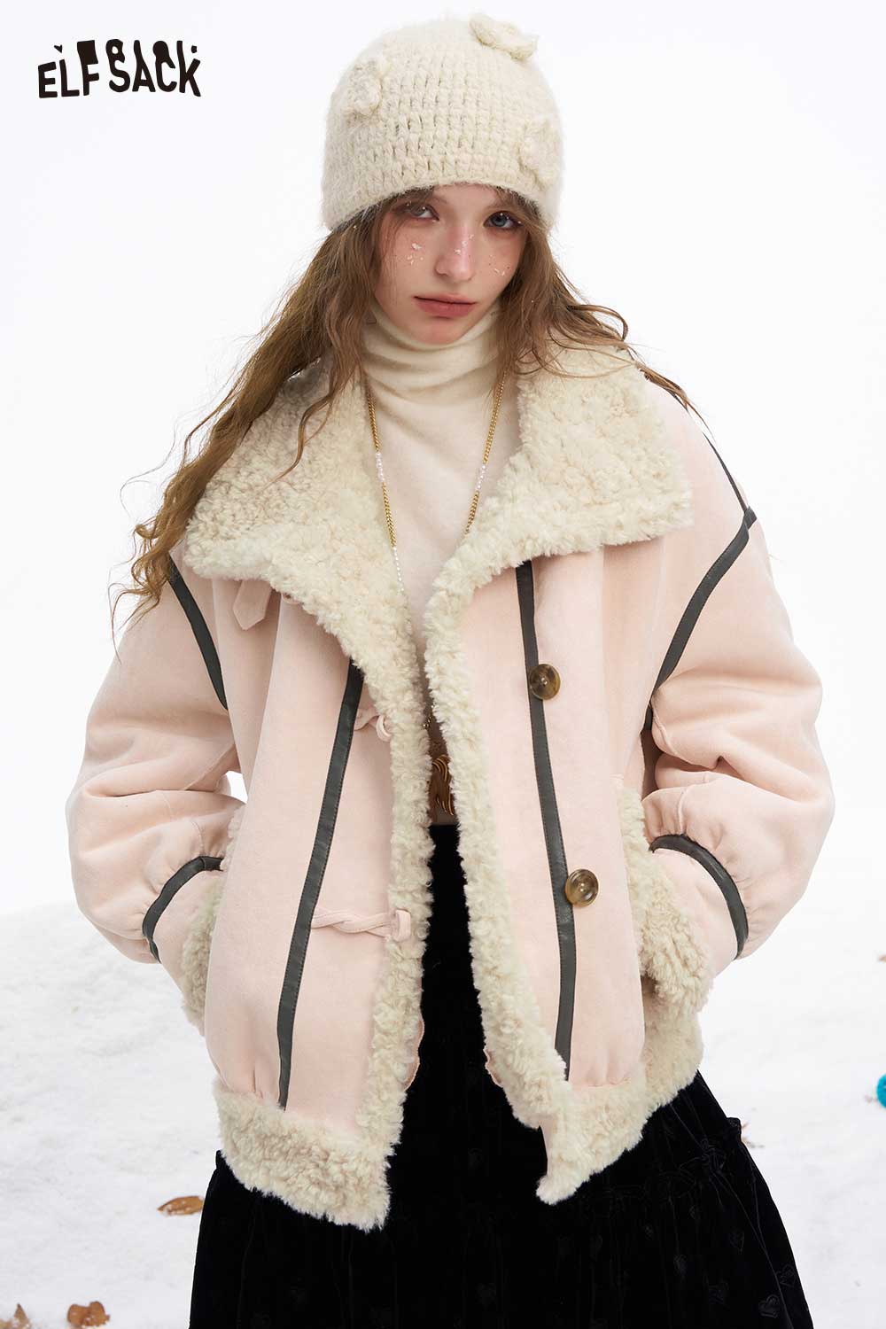 ELFSACK women's plush wool blend coat in light pink with faux fur trim and buttons for a stylish winter look