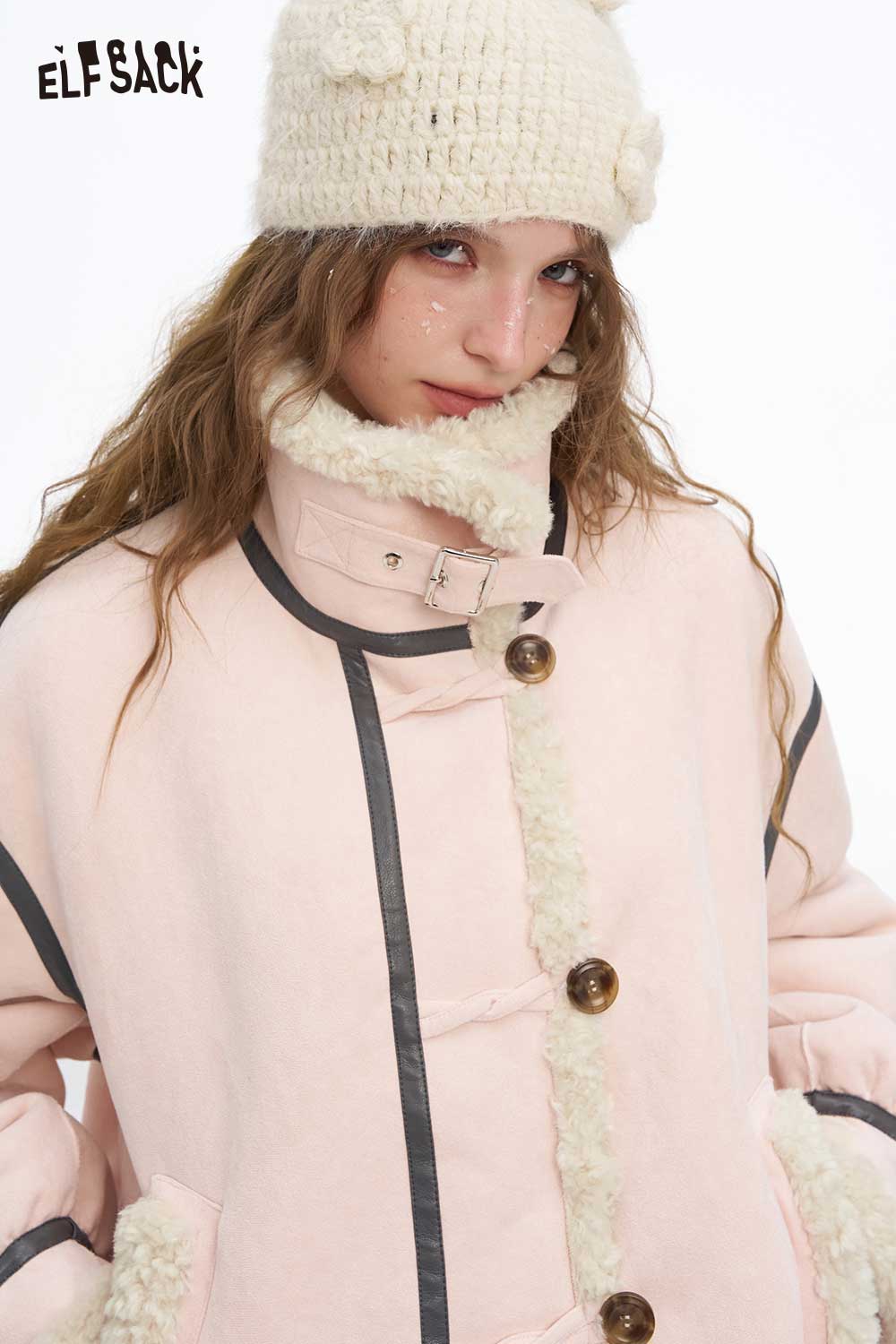 ELFSACK women's plush wool blend coat in soft pink with oversized fit and cozy texture