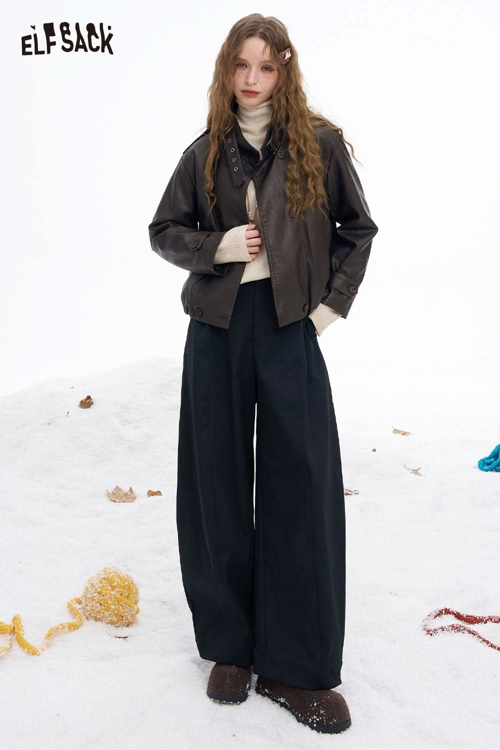 ELFSACK women's wide leg floor length pants paired with a stylish jacket for a chic winter look