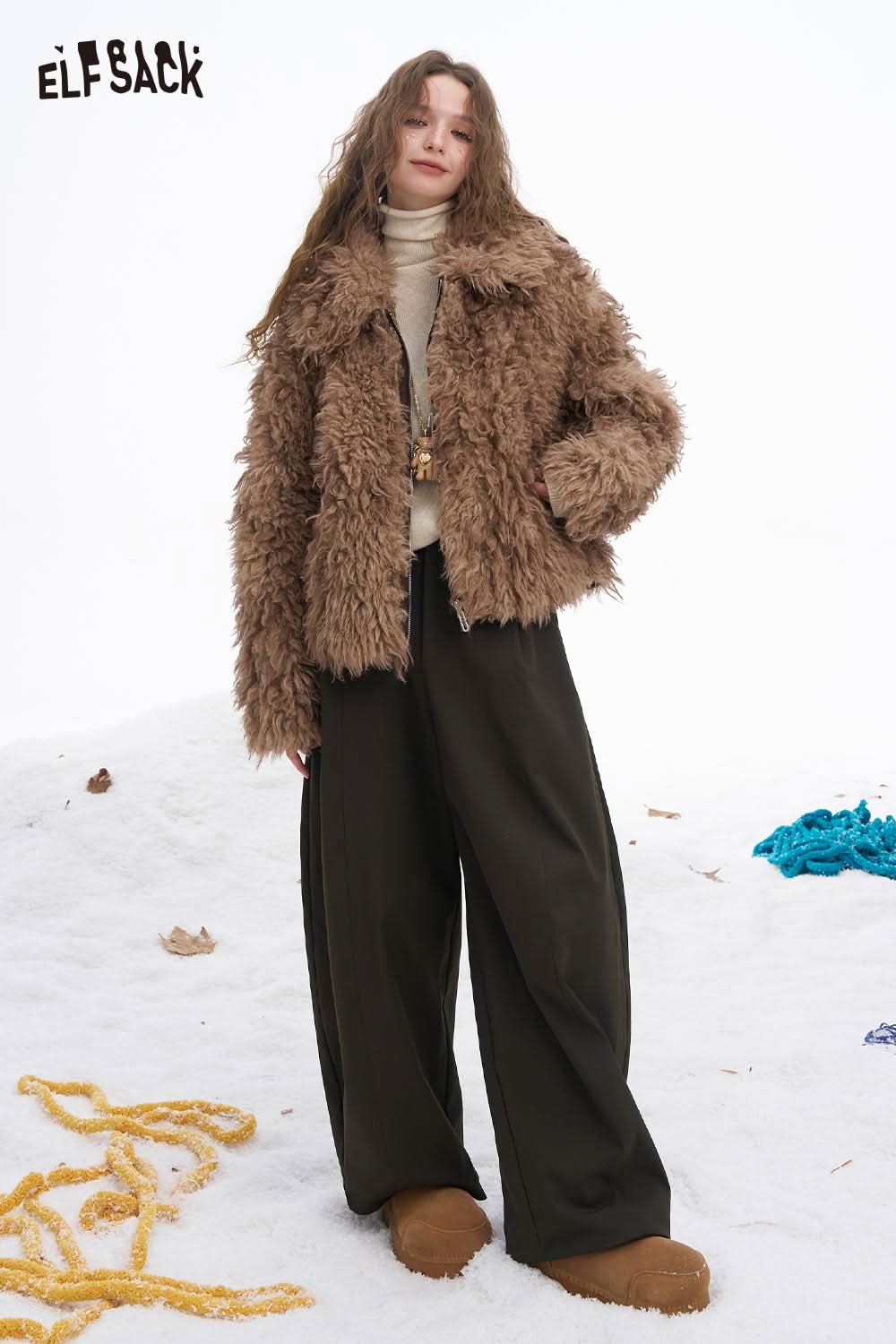ELFSACK women's wide leg floor length pants styled with a fluffy brown jacket, perfect for winter fashion.