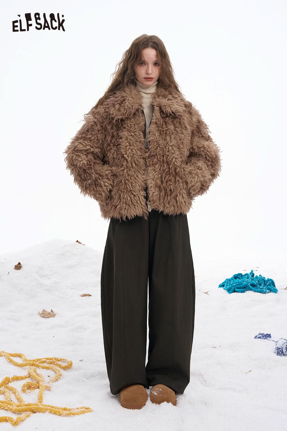 ELFSACK women's wide leg floor length pants paired with a cozy fur jacket for a stylish winter look