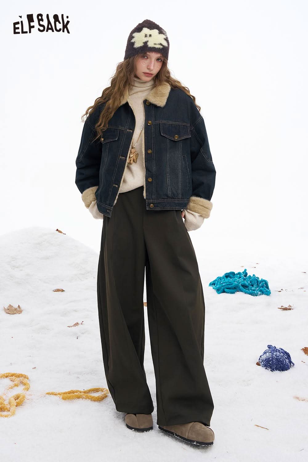 ELFSACK women's wide leg floor length pants paired with a stylish jacket in a winter setting