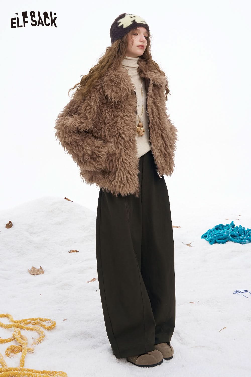 ELFSACK women's wide leg floor length pants in dark brown paired with a cozy fur jacket