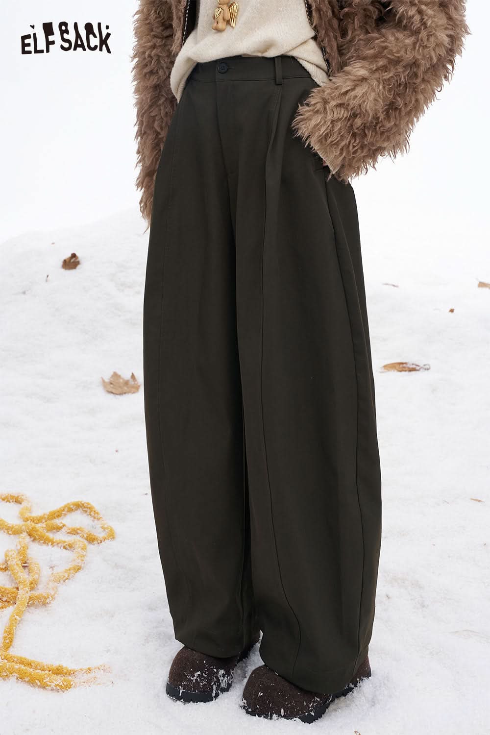 ELFSACK women's wide leg floor length pants in dark green for a stylish winter look