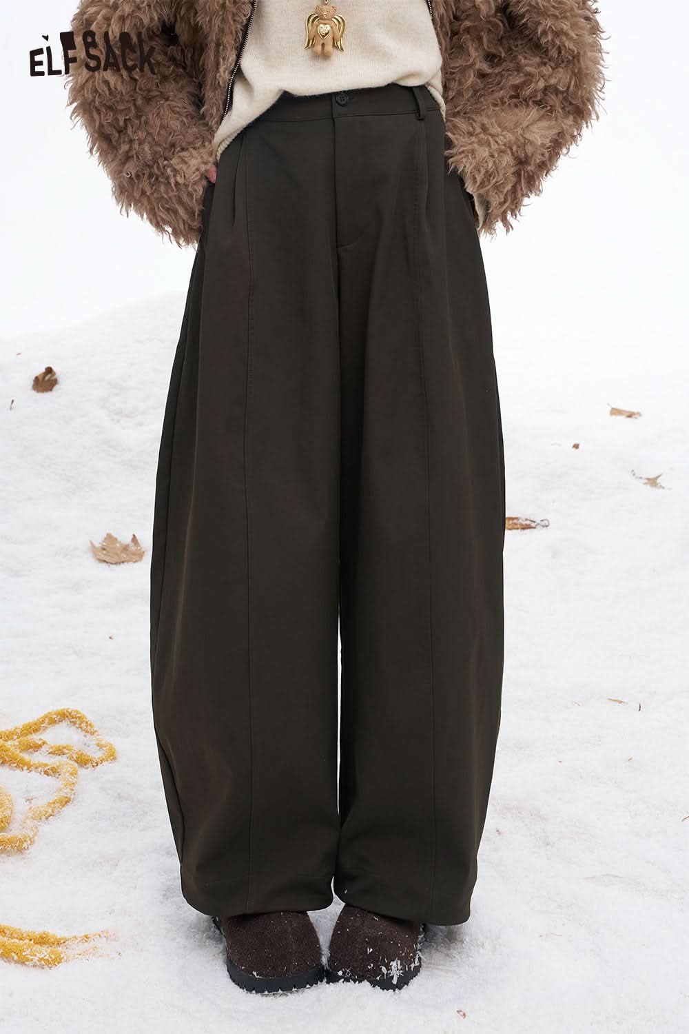 ELFSACK women's wide leg floor length pants in olive green, ideal for stylish winter outfits