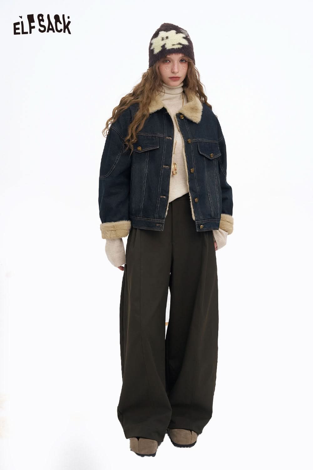 ELFSACK women's wide leg floor length pants styled with a cozy jacket and hat for a chic look