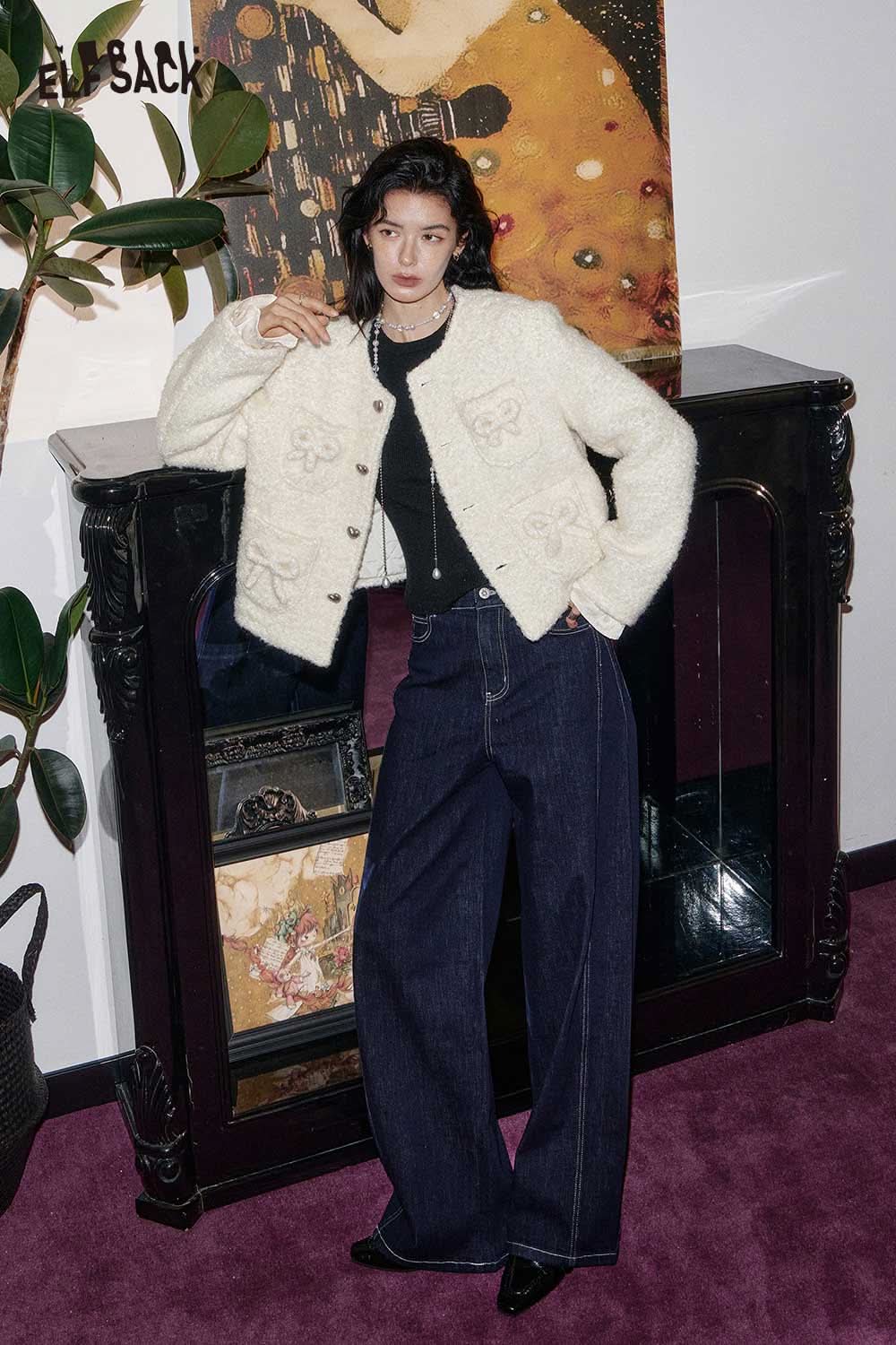 ELFSACK wool blend bow detail coat in cream, styled with wide-leg jeans for a chic look