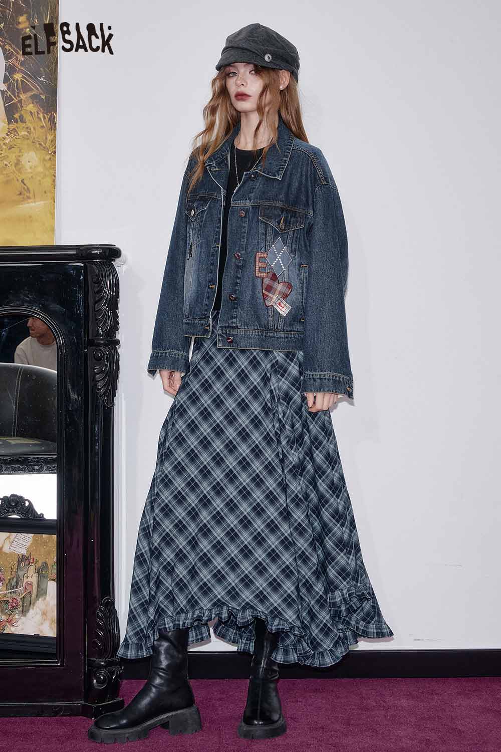 ELFSACK Wool blend checkered skirt paired with a denim jacket for a stylish fall outfit