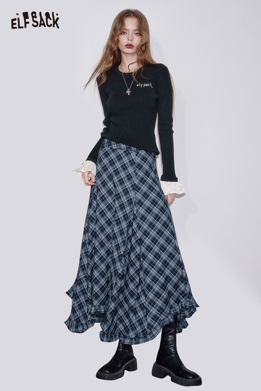 ELFSACK wool blend checkered skirt in blue and gray with ruffled hem and stylish fit