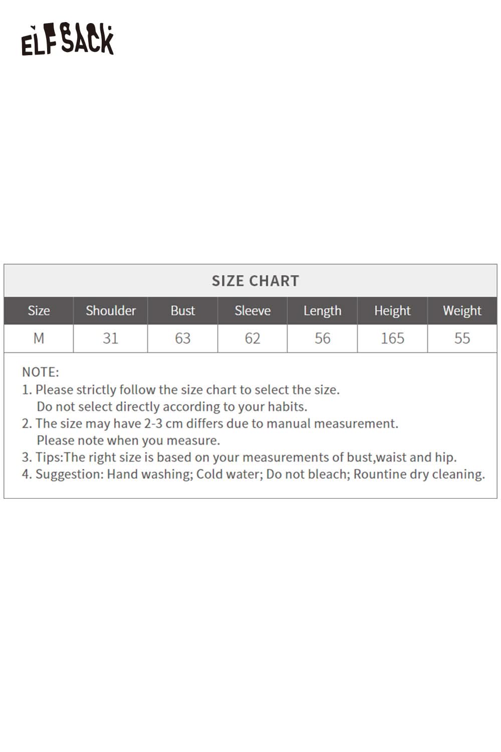 ELFSACK wool blend lace knit top in size chart format detailing measurements for a proper fit