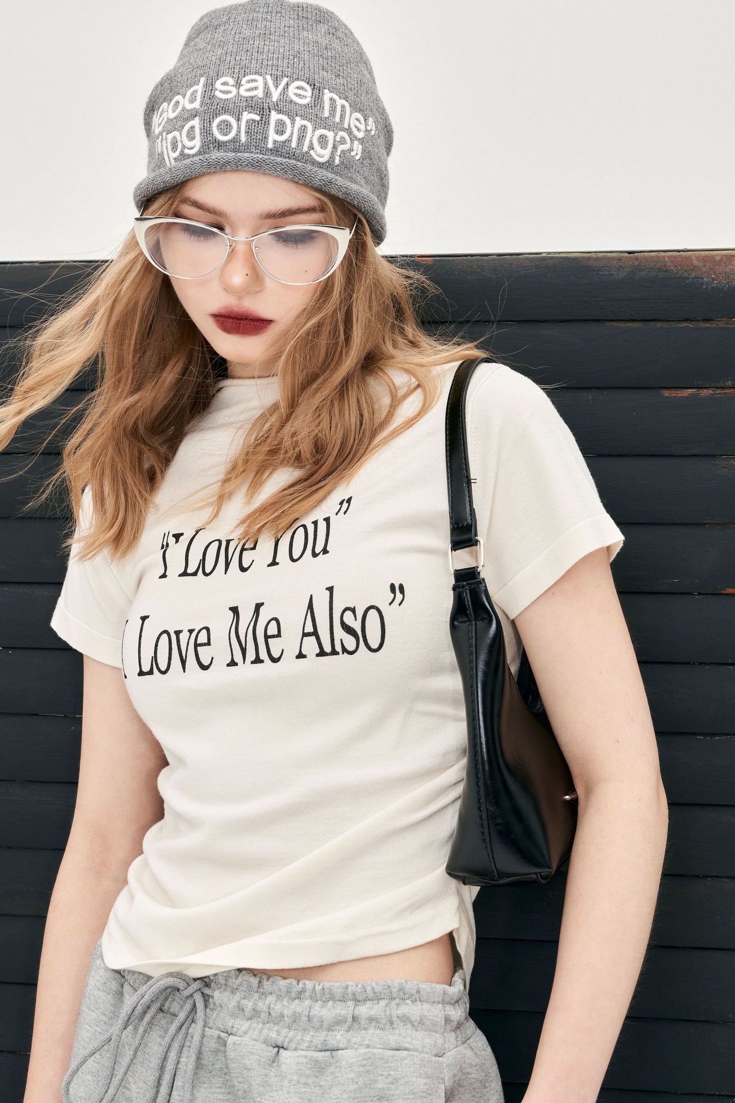 ELFSACK Y2K Alphabet Print Mock Neck T-shirt in cream with black text love quote