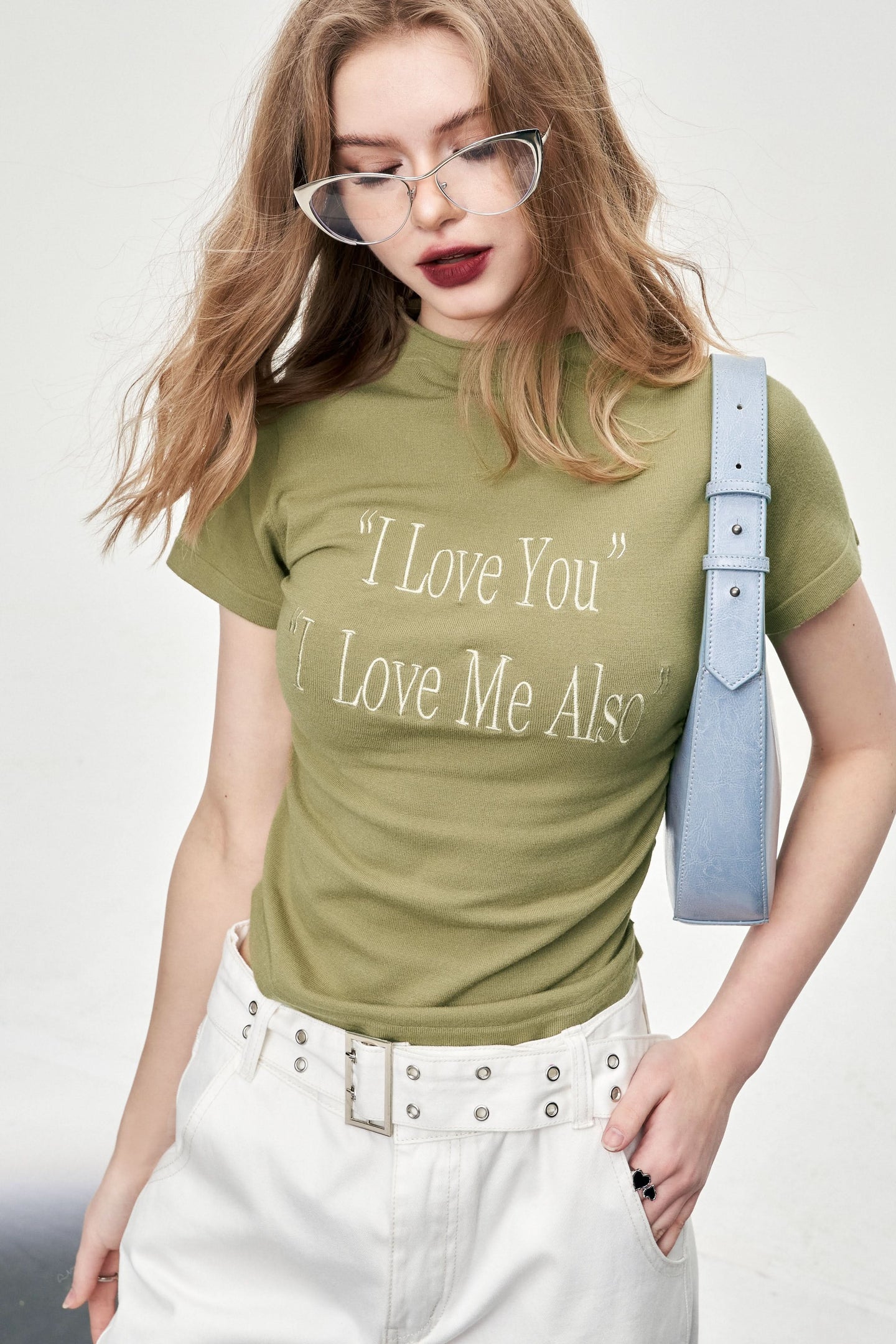 ELFSACK Y2K Alphabet Print Mock Neck T-shirt in olive green with short sleeves and white text print