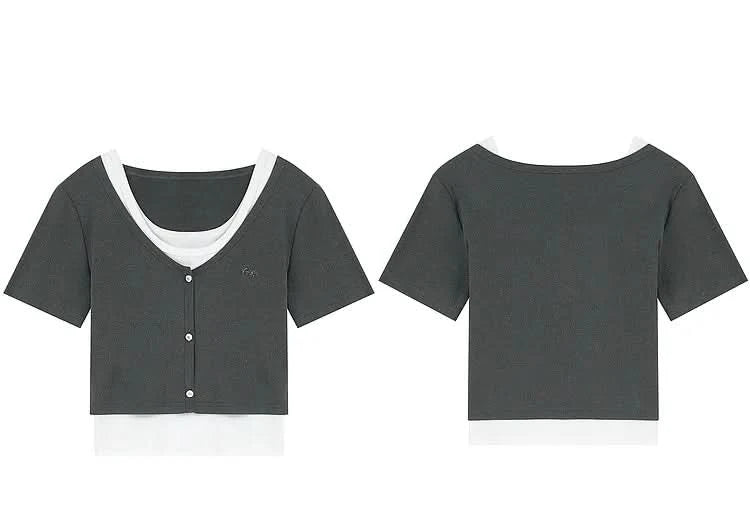 ELFSACK Y2K Layered black and white short sleeve buttoned T-shirt front and back view