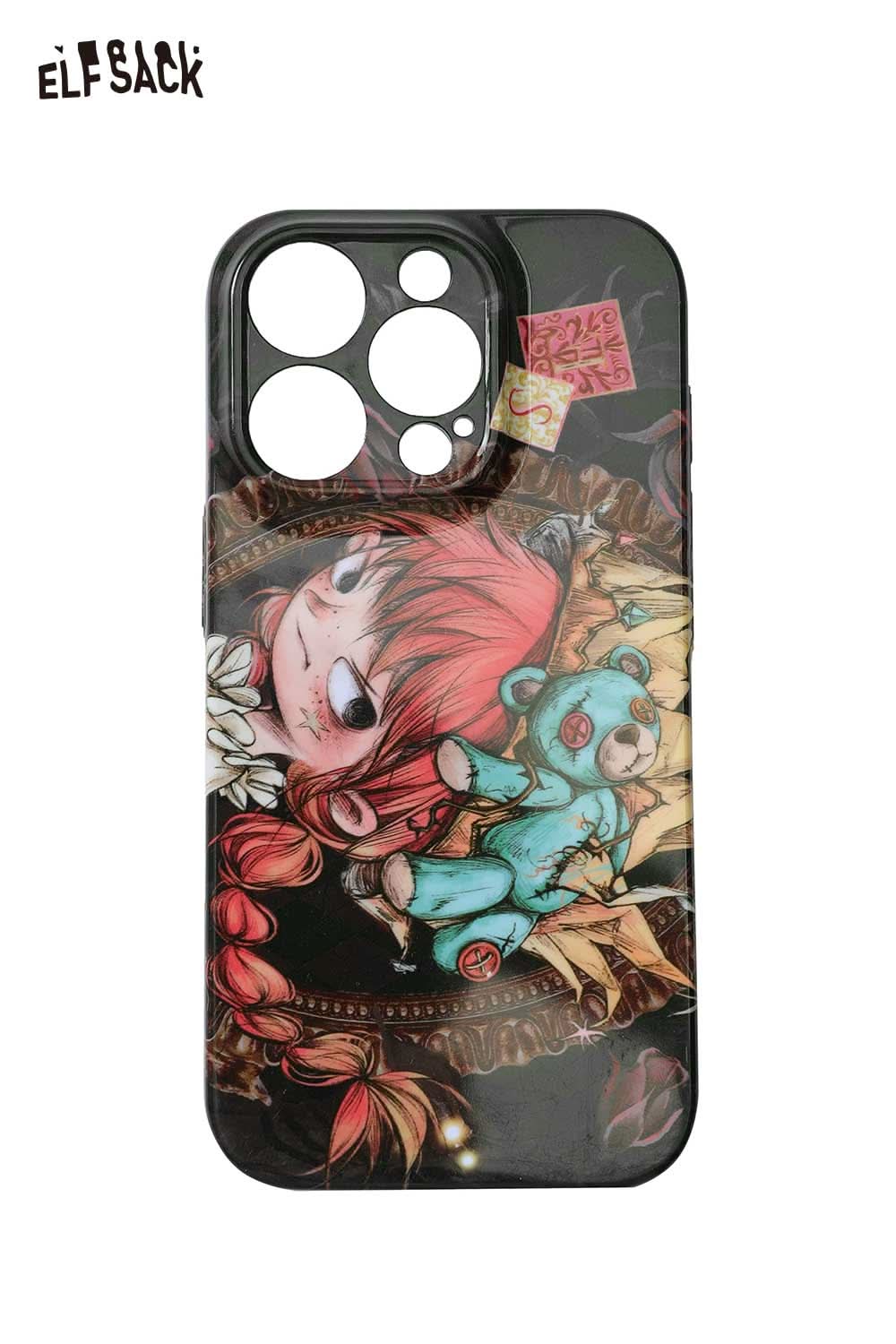 ELFSACK vibrant doodle print phone case featuring colorful artwork of a girl and teddy bear