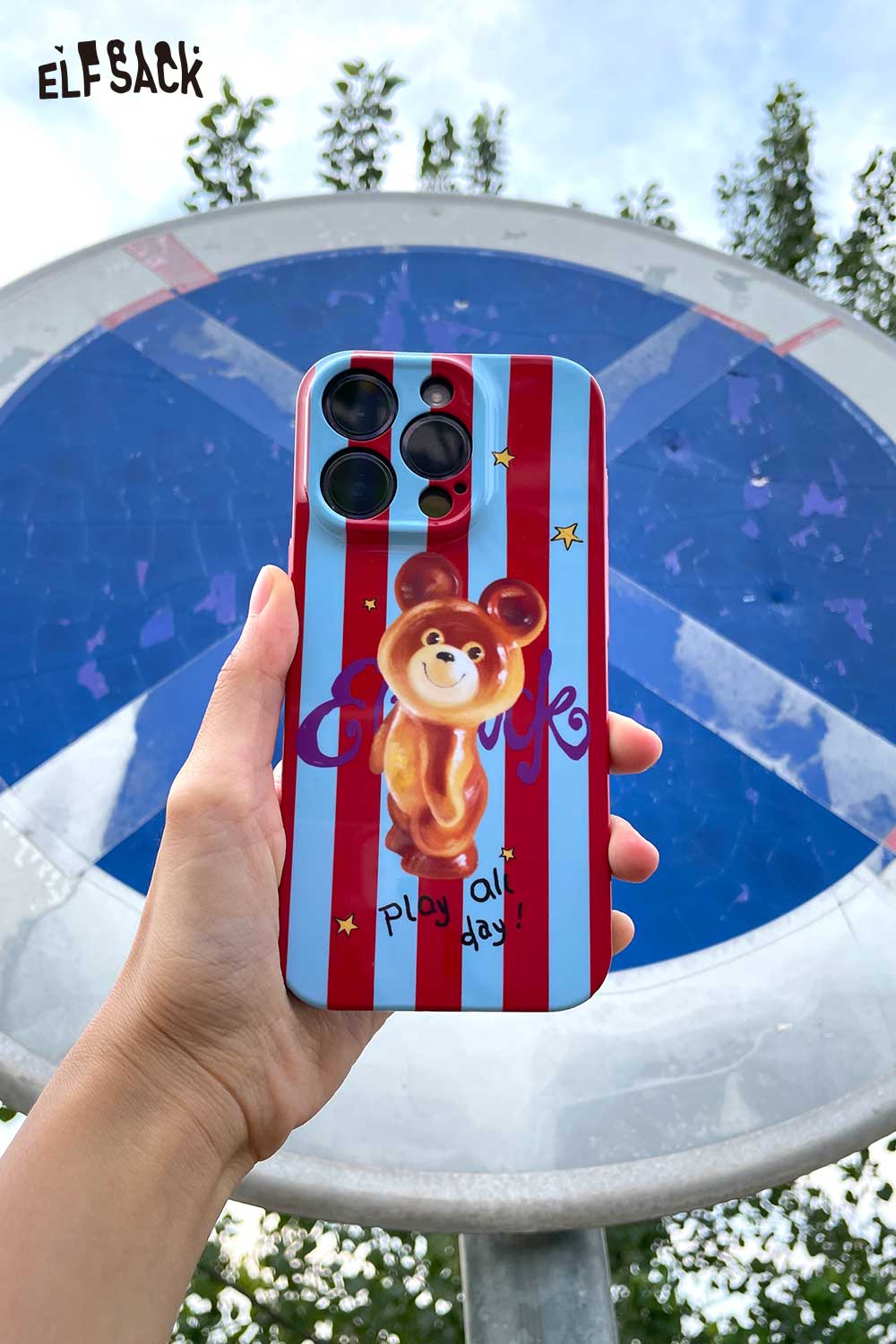 Vibrant doodle print phone case featuring a cute bear design with colorful stripes
