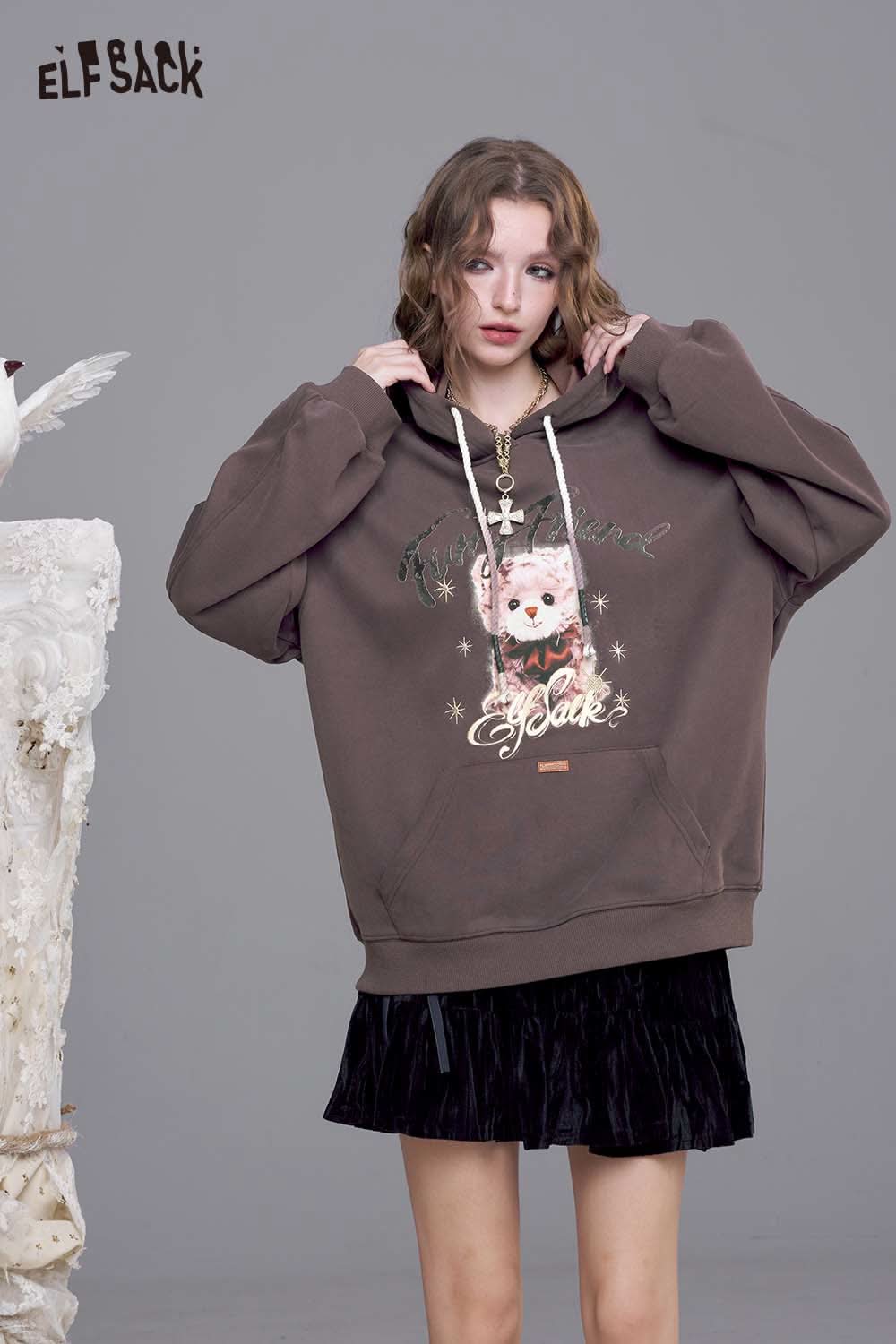 ELFSACK vintage cartoon graphic hoodie in brown with playful owl design and relaxed fit