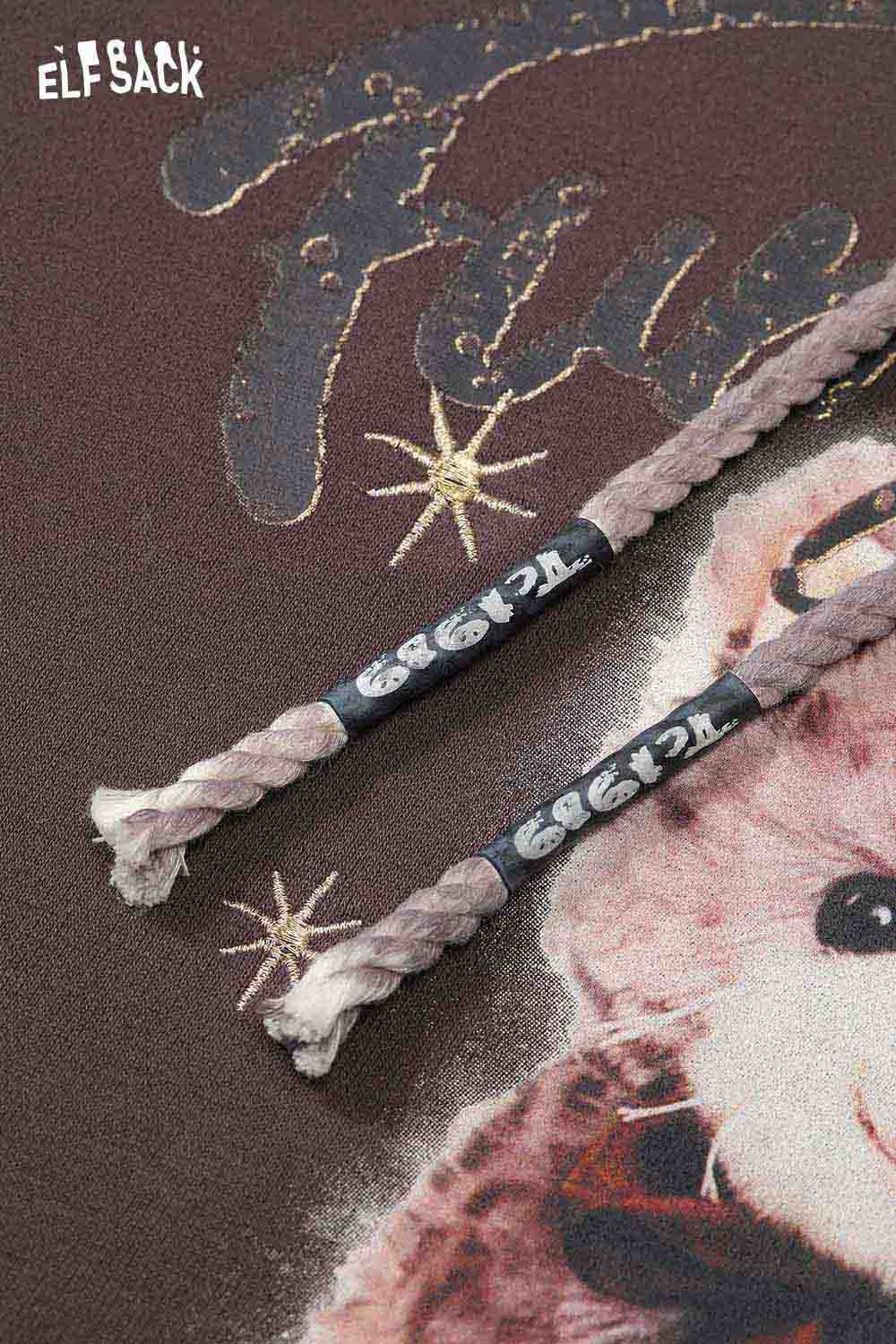 ELFSACK vintage cartoon graphic hoodie featuring a cute bear design and unique drawstring details