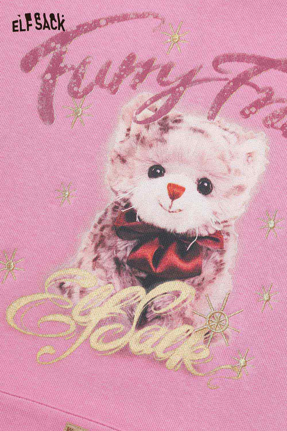 ELFSACK vintage cartoon graphic hoodie in pink featuring a cute teddy bear design