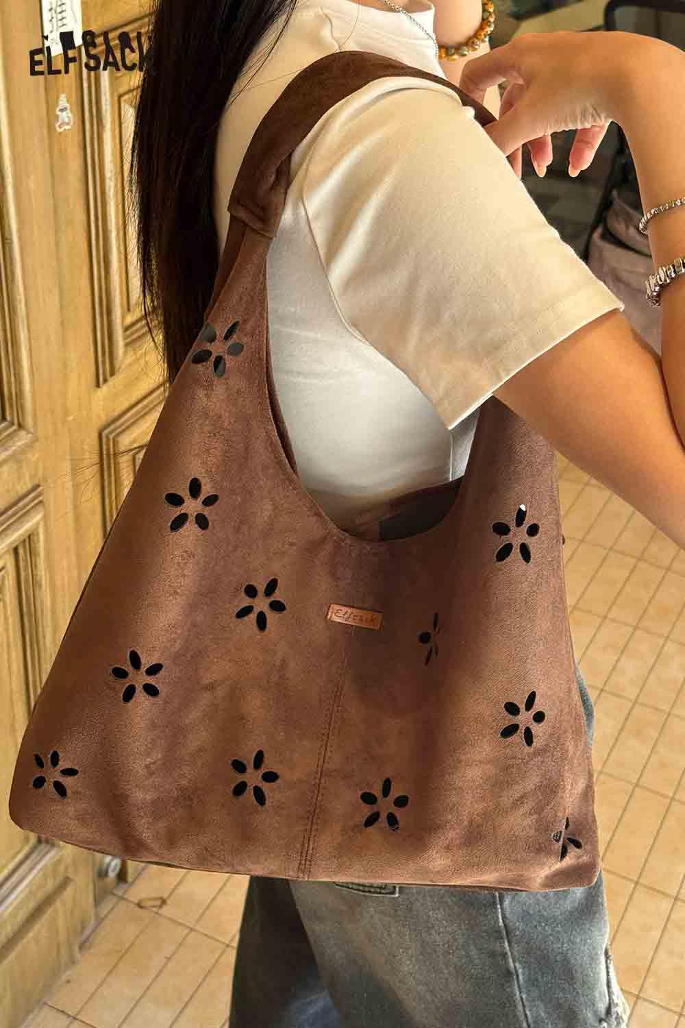 ELFSACK vintage floral suede crossbody bag with floral cutouts for a stylish look