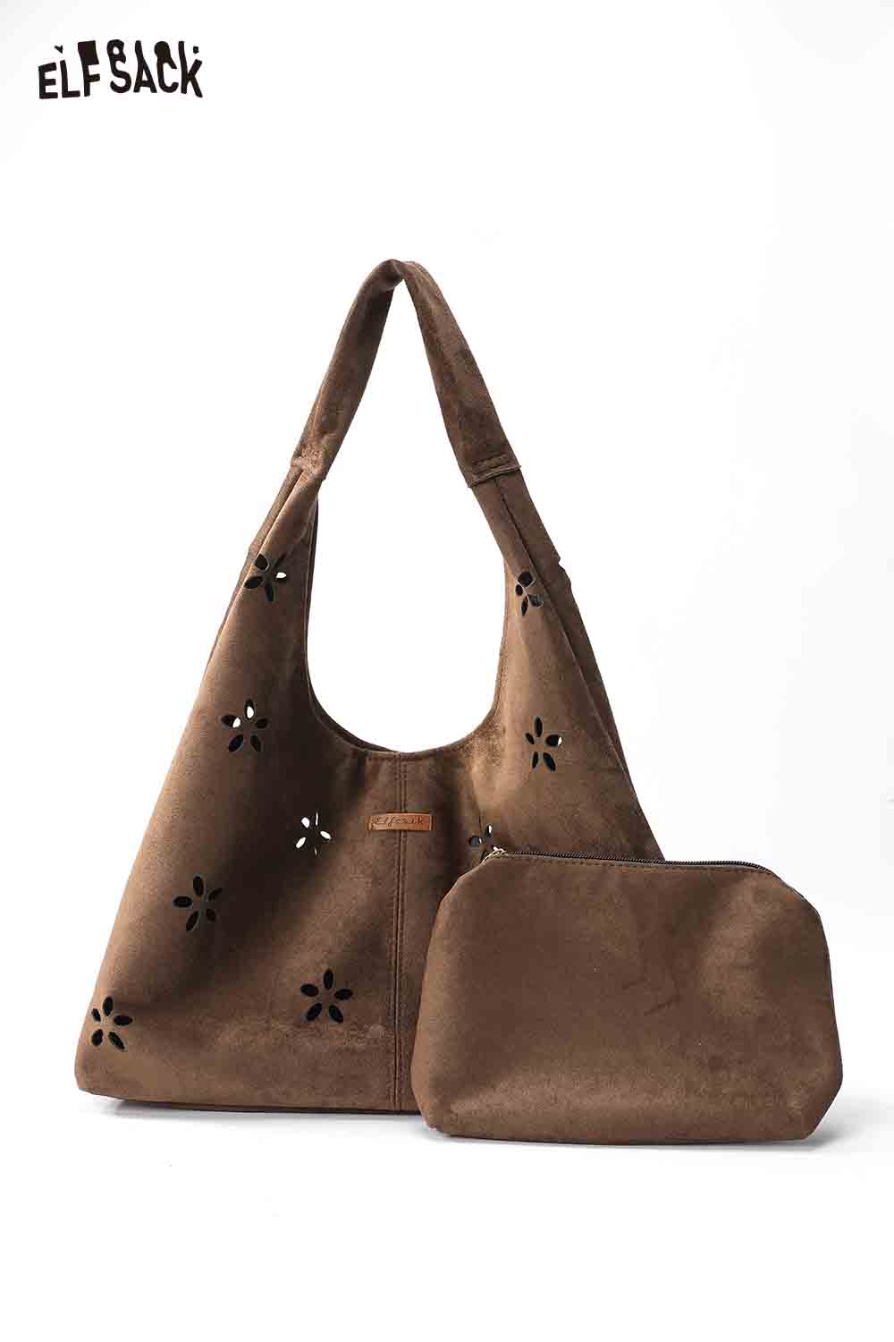 ELFSACK vintage floral suede crossbody bag with floral cutouts and matching pouch for everyday use