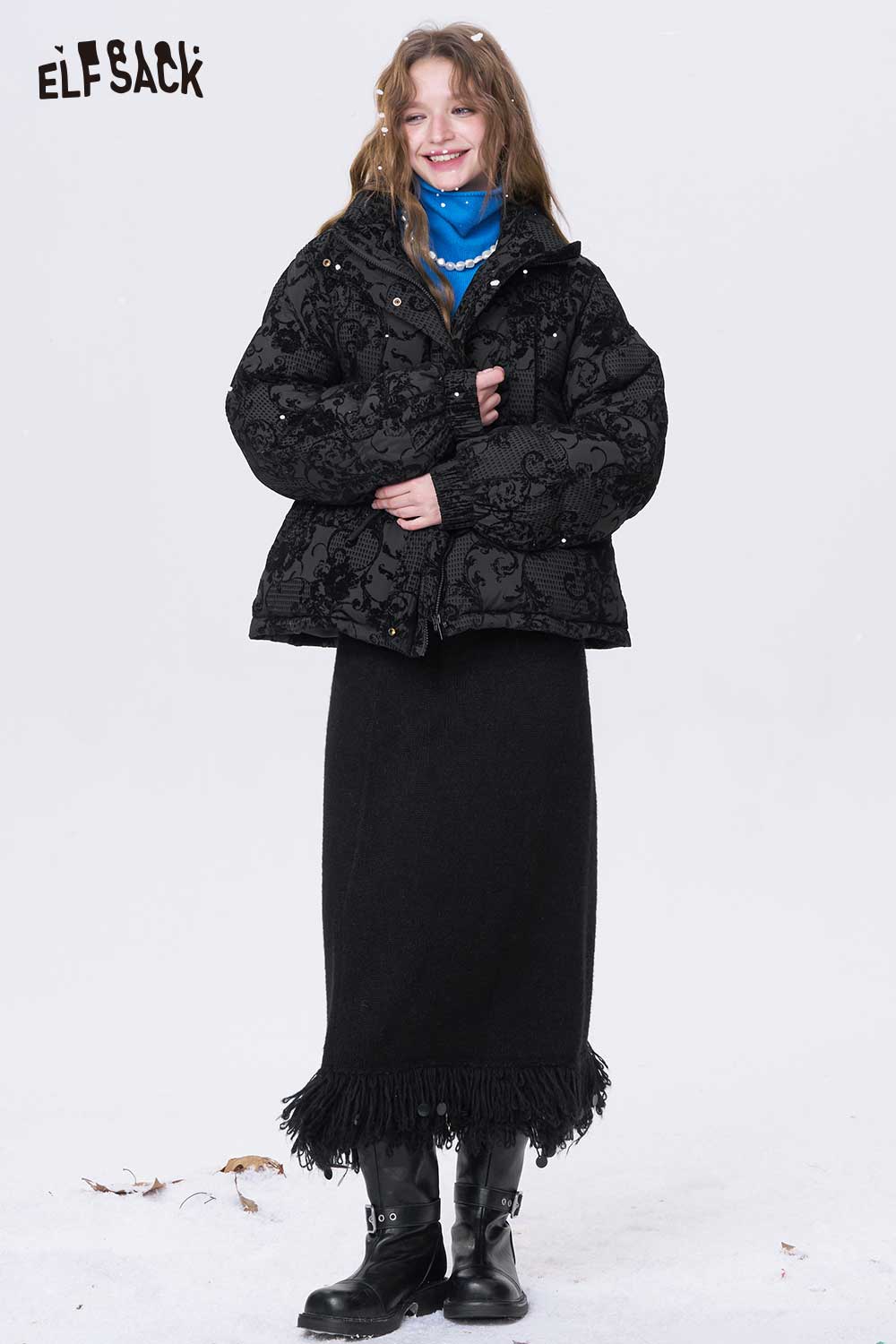 ELFSACK vintage jacquard puffy down coat with stylish print for warm winter fashion