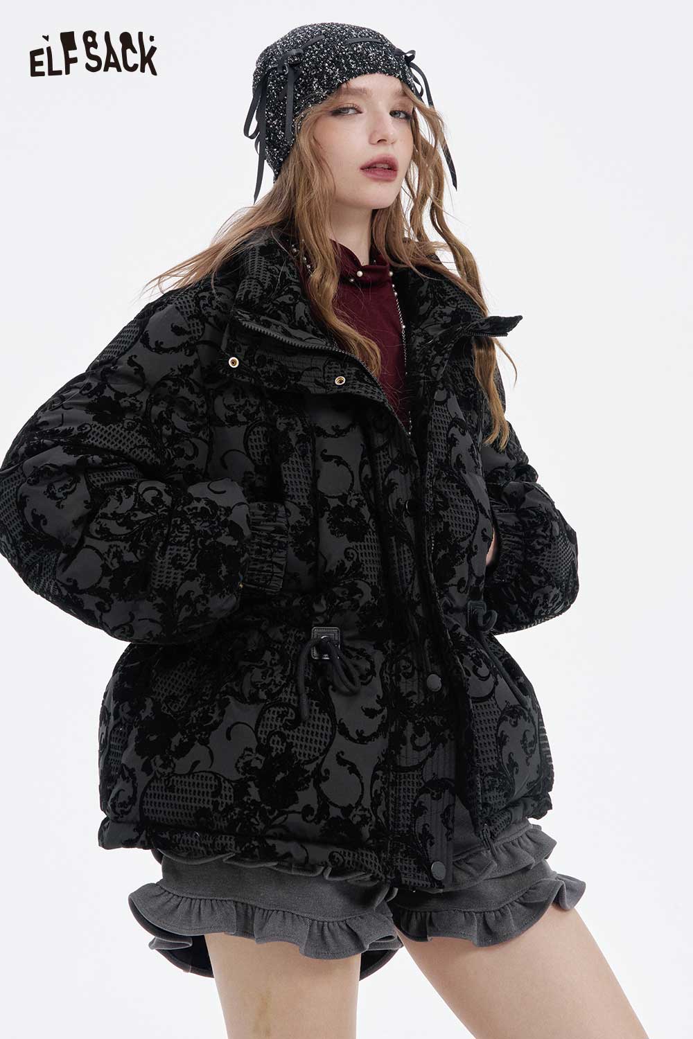 ELFSACK vintage jacquard puffy down coat in black with stylish designs for a trendy winter look