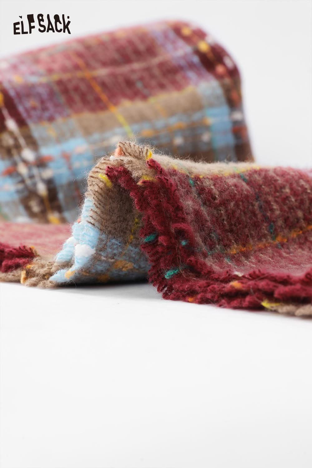 ELFSACK vintage plaid wool scarf featuring a cozy, textured design in warm tones