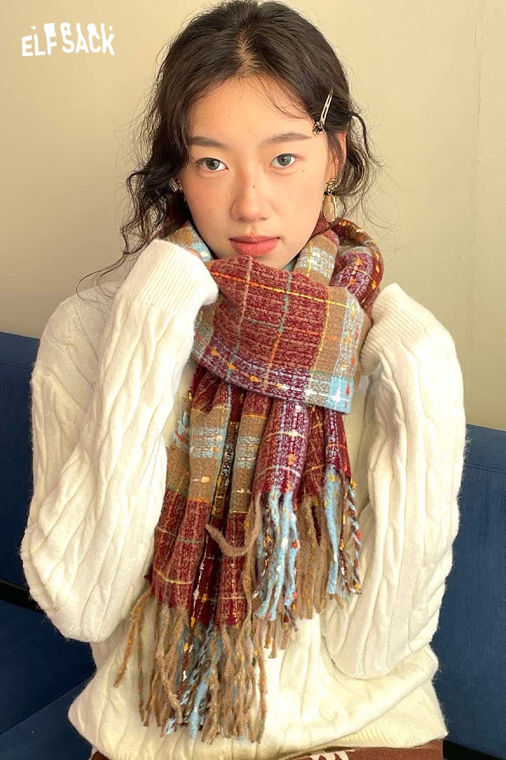 ELFSACK vintage plaid wool scarf styled with a cozy cream sweater for a chic winter look