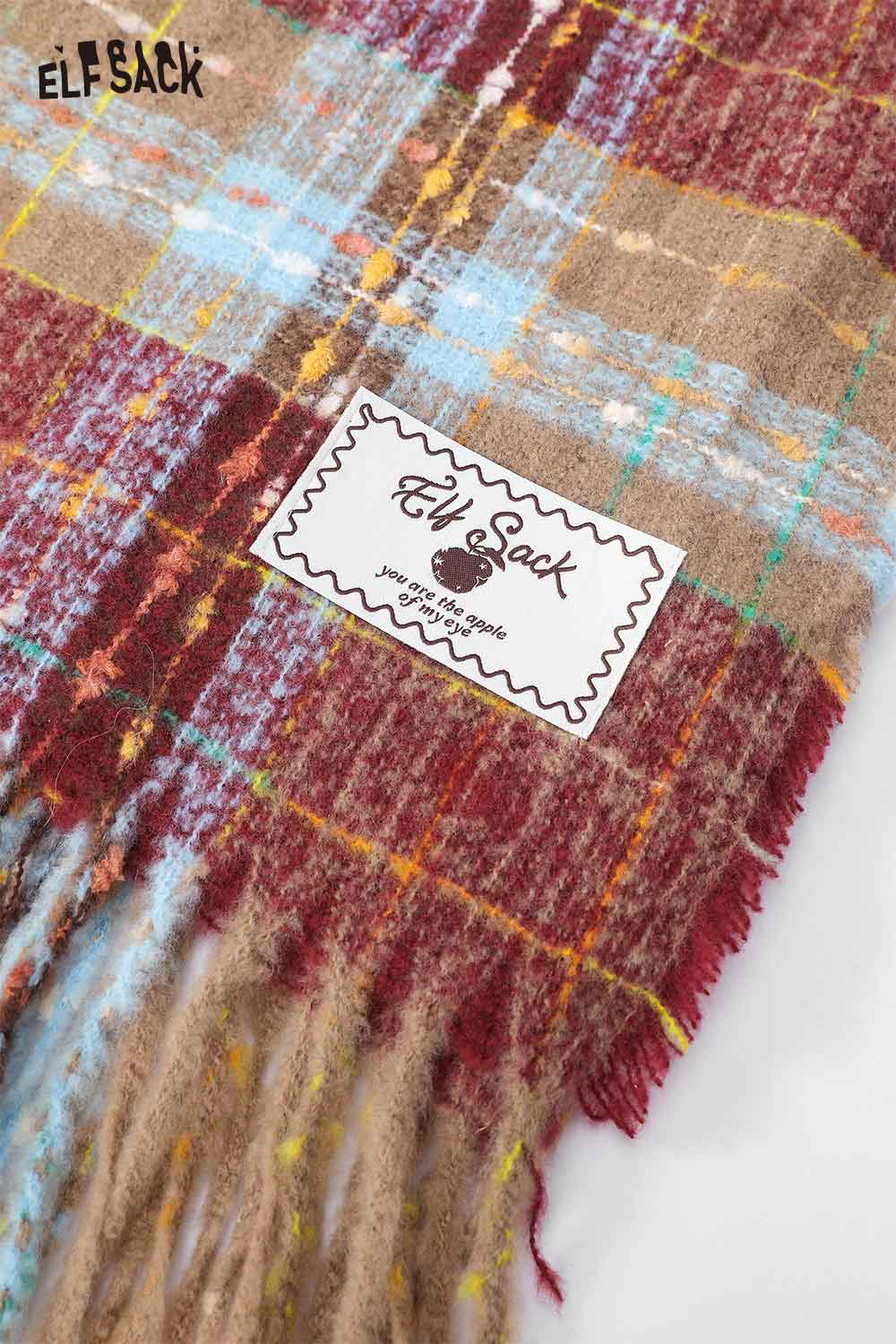 ELFSACK vintage plaid wool scarf in warm colors with fringed edges and a brand label