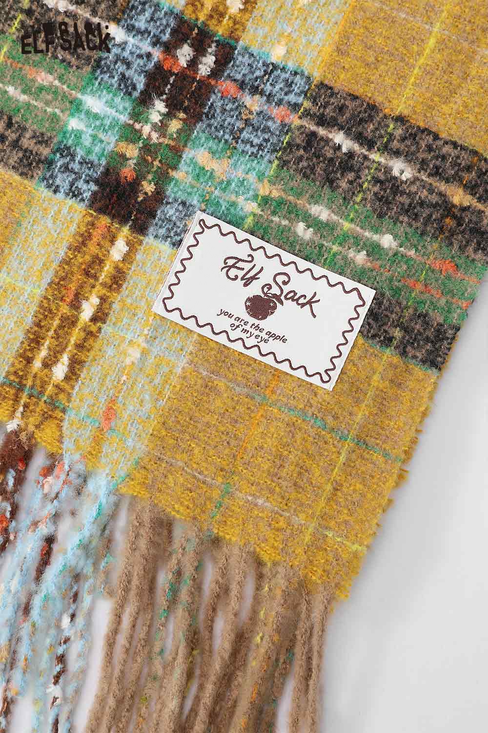 ELFSACK vintage plaid wool scarf in yellow and green hues with soft fringing detail