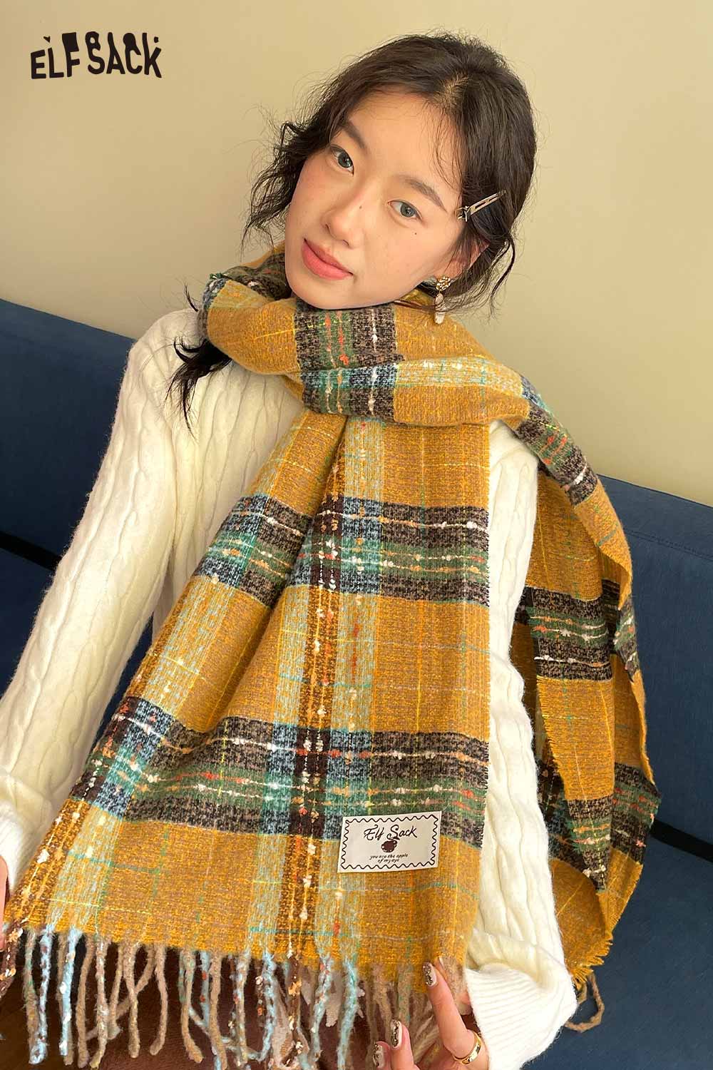 ELFSACK Vintage Plaid Wool Scarf in Warm Tones Styled with a Cozy Sweater