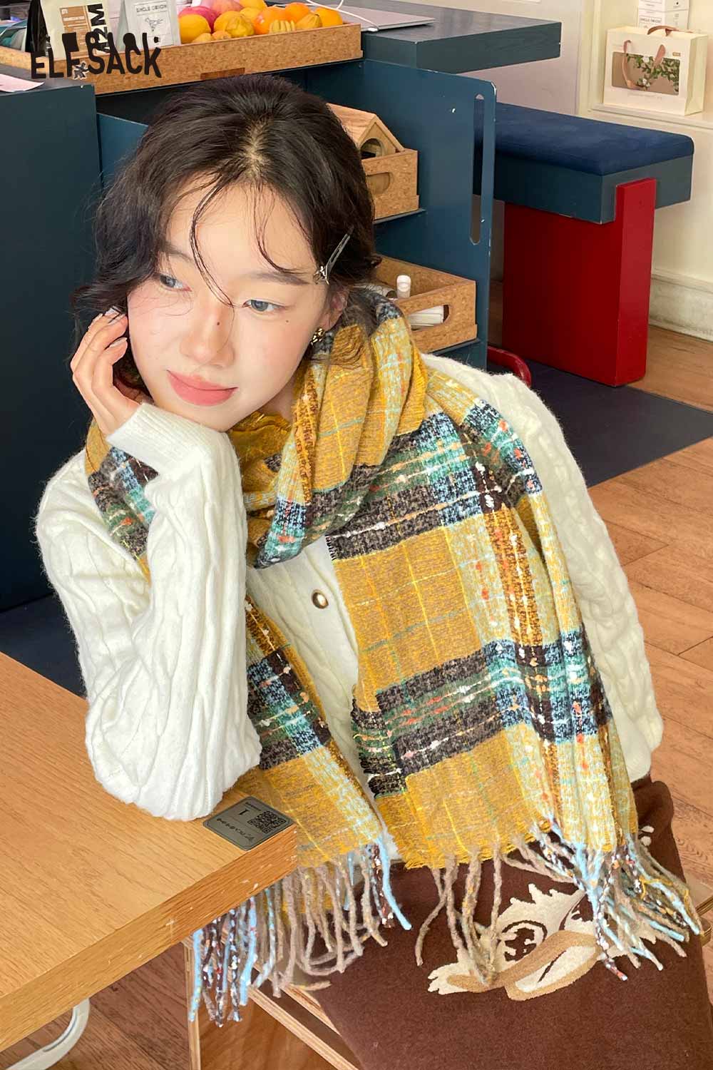 ELFSACK vintage plaid wool scarf in warm colors for a cozy, stylish winter look