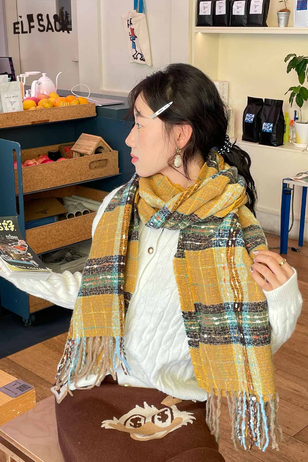 ELFSACK vintage plaid wool scarf in warm tones, styled with a cozy sweater for a chic look